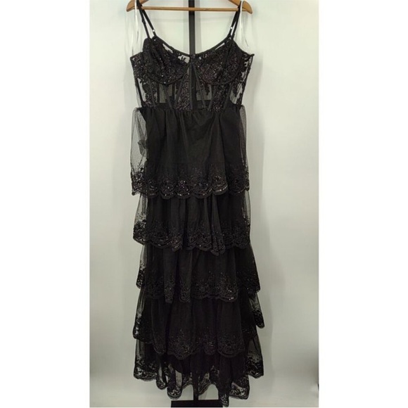 LULU’s Black 🖤 Lace Sequin Tiered Ruffle Sheer Corset Dress XL - Picture 4 of 5